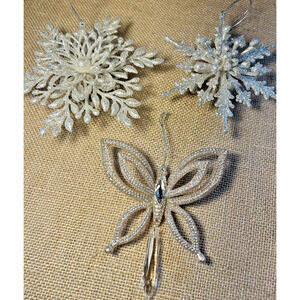 Bling Sparkly Silver Snowflakes (2) and (1) Butterfly Christmas Holiday Ornament